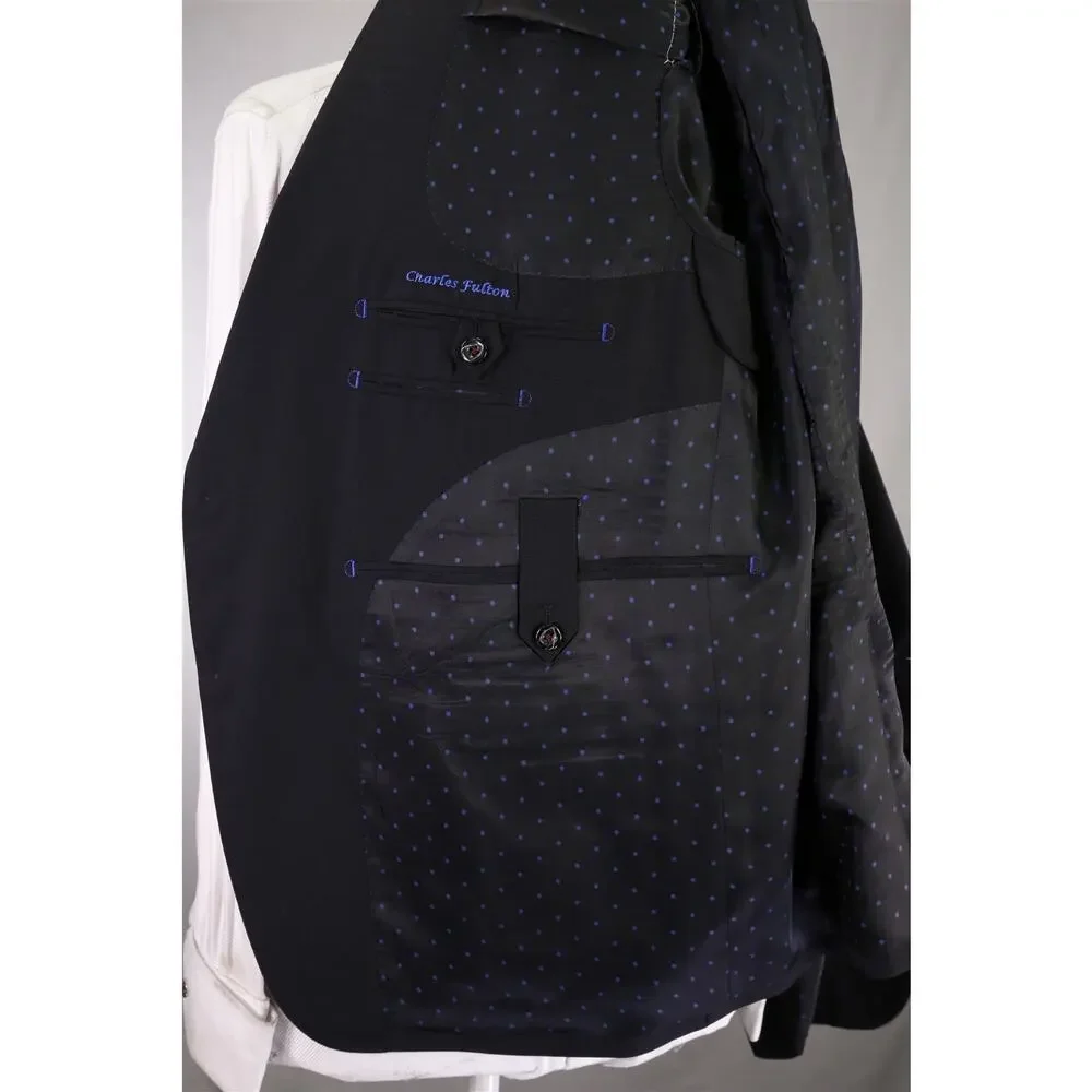 Custom Tailored Bespoke Black Tone Checkered 2-Btn Wool Suit 50R